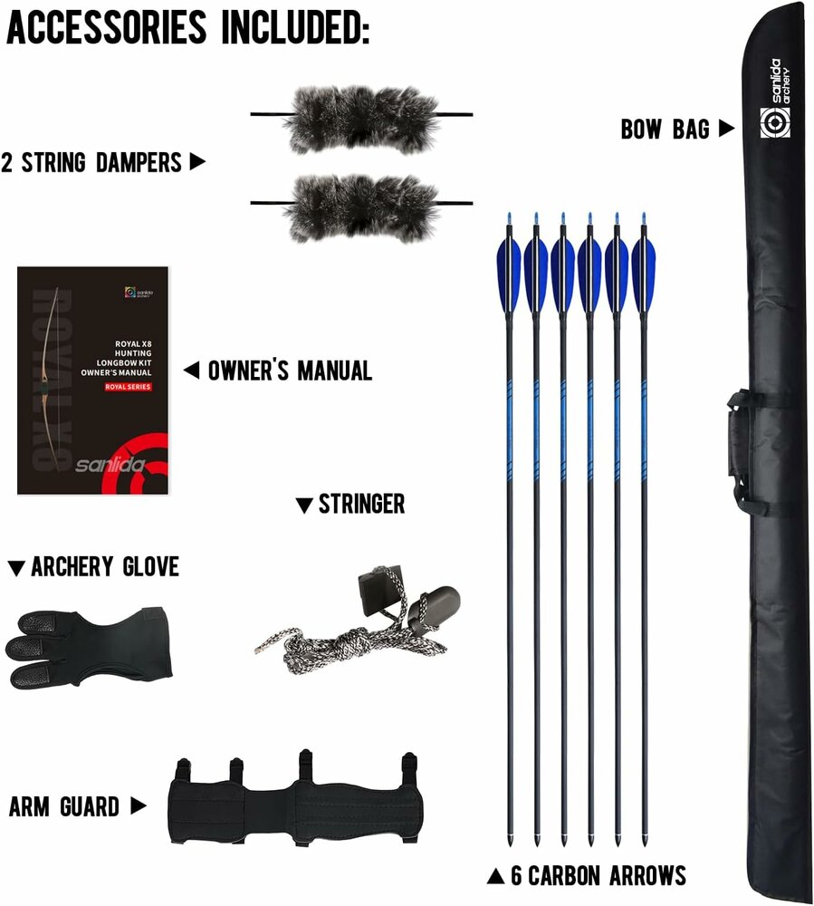 2e kans | Sanlida Royal X8 longbow starterset - compleet | 68 inch | 35 lbs
