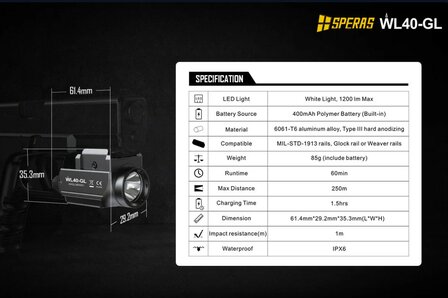 SPERAS WL40-GL USB-C LED Lamp met Groene Laser voor Kruisbogen | 1200 Lumen | Picatinny Rail