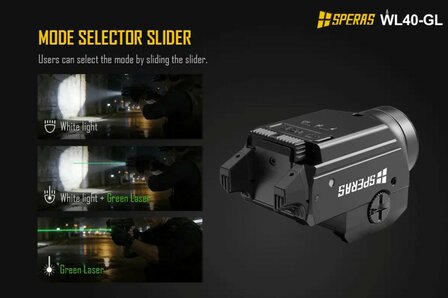 SPERAS WL40-GL USB-C LED Lamp met Groene Laser voor Kruisbogen | 1200 Lumen | Picatinny Rail