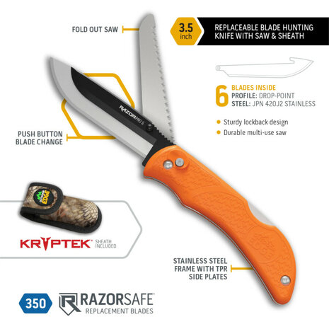 Outdoor Edge RazorPro S 3.5" Oranje | RazorSafe&trade; Jachtmes met Zaag & Foedraal