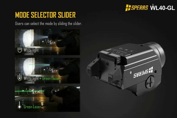 SPERAS WL40-GL USB-C LED Lamp met Groene Laser voor Kruisbogen | 1200 Lumen | Picatinny Rail