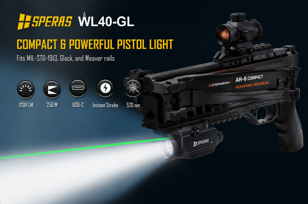 SPERAS WL40-GL USB-C LED Lamp met Groene Laser voor Kruisbogen | 1200 Lumen | Picatinny Rail