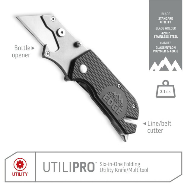 Outdoor Edge UtiliPro&trade; Zwart | 6-in-1 Utilitymes | Verwisselbaar Trapezium-mes